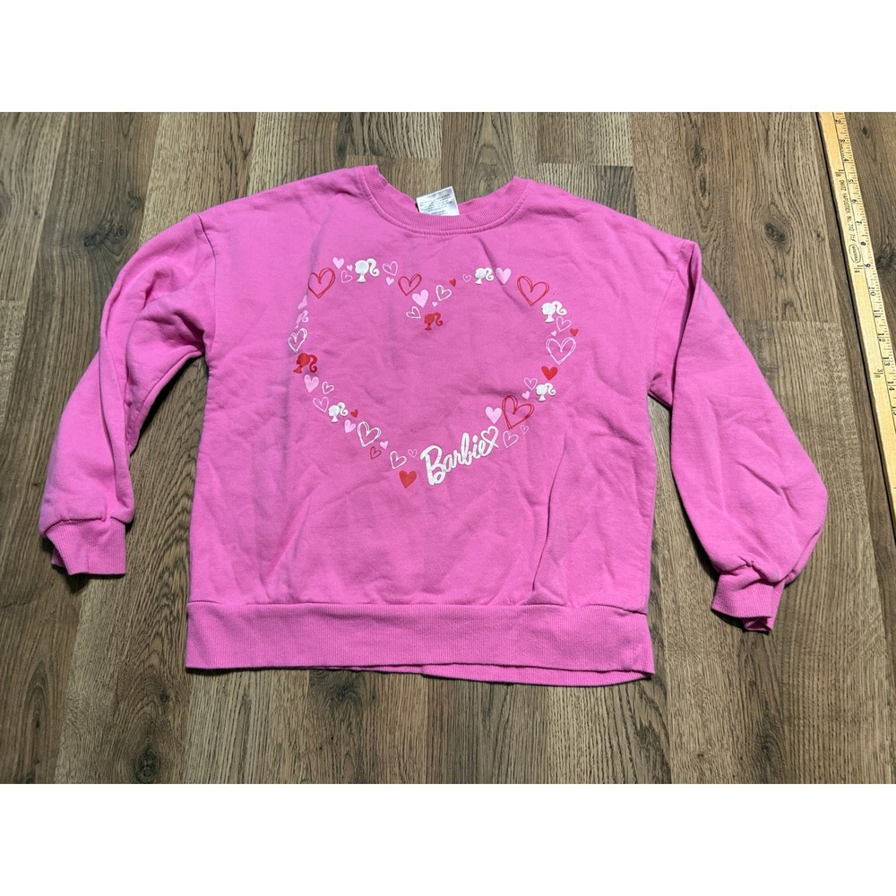 Barbie Girls Sweatshirt Size L 10-12 Pink Heart Graphic Long Sleeve Pullover